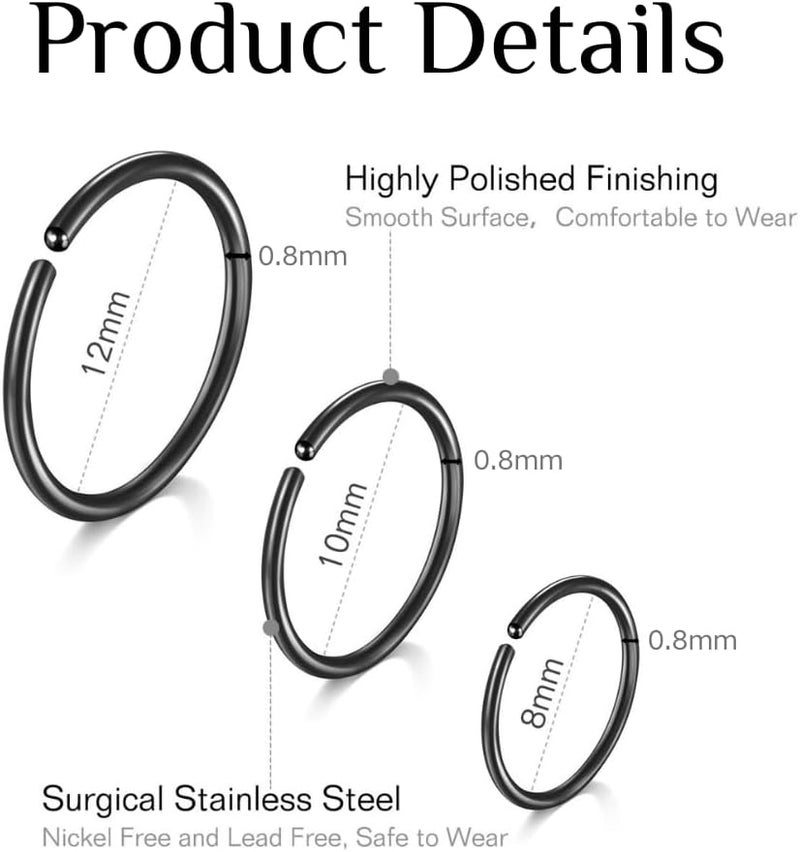 FECTAS Nose Rings Hoops Surgical Steel 18g 20g Gauge 6mm 8mm 10mm 12mm Earrings Piercing Hoops Jewelry for Men Women - Image 3